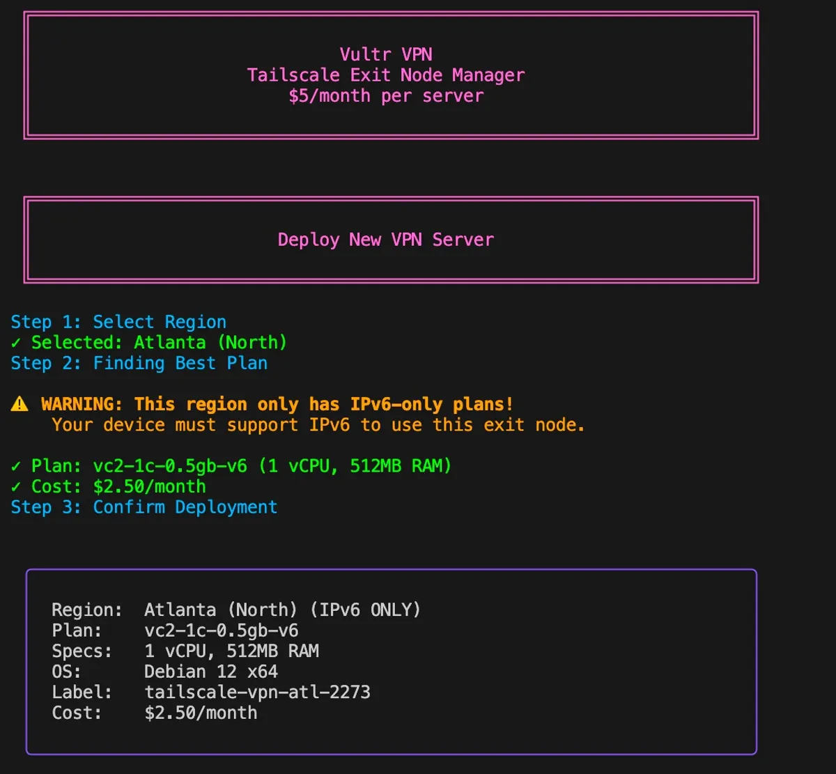 Vultr VPN Tailscale Exit Node Manager screenshot